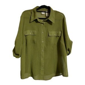 Emma James Women's Shirt Button-Front Crepe Sheer Collared Green Size 20W Plus